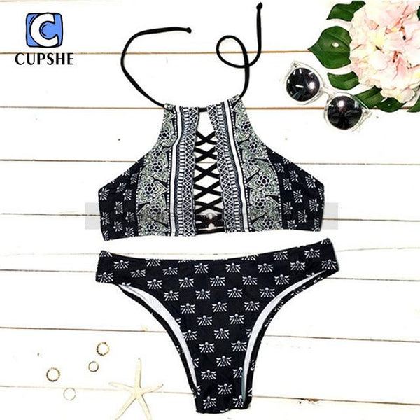 New Arrival Black Lace Up Halter Bikini